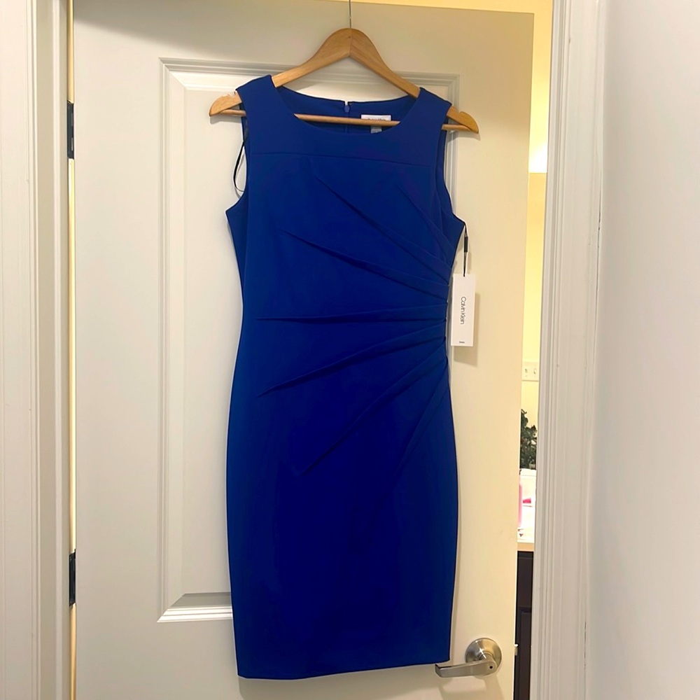 Calvin Klein Royal Blue Stretch Crepe Starburst Ruched Sheath Dress Size 6